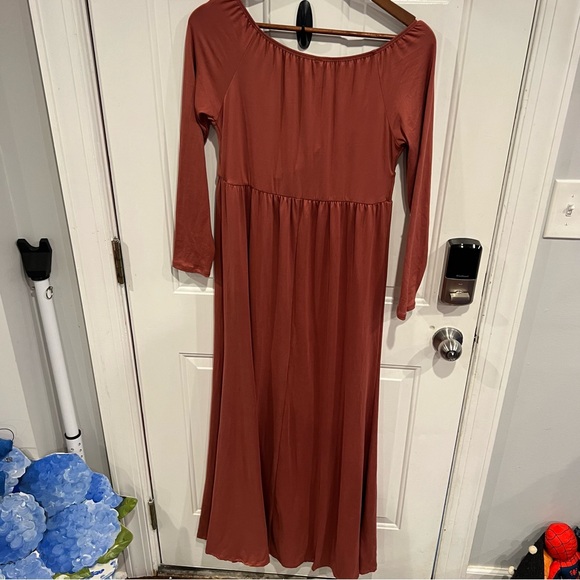 Pinkblush Rust Wrap Front Empire Waist Knit Maternity Maxi Dress Long Sleeve - Picture 8 of 8